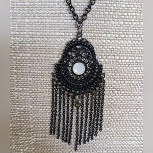 Bling And Black Filigree Chain Tassel On Very Long Black Chain, Adjustable